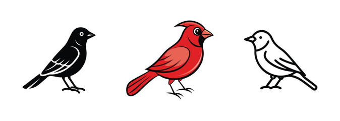 Three Bird Illustrations Cardinal, Blackbird, White Bird Silhouettes