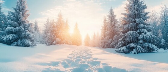 Serene Winter Wonderland Snow Covered Trees Sparkling Sunlight Footprints in Fresh Snow Tranquil Scene