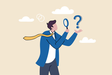 Problem analysis, analyze information to find solution or answer, solving problem or trouble, challenge to think overcome difficulty concept, businessman analyze question mark with magnifying glass.