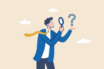 Problem analysis, analyze information to find solution or answer, solving problem or trouble, challenge to think overcome difficulty concept, businessman analyze question mark with magnifying glass.