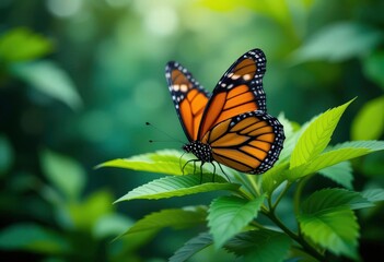 Fototapeta premium Monarch s Dance Close Up Photography of a Monarch on Vibrant Greenery Capturing Nature s Beauty with Shallow Depth of Field