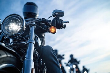 close-up of biker gloved hand gripping handlebar of motorcycle with sleek chrome finish catching light surrounded by
