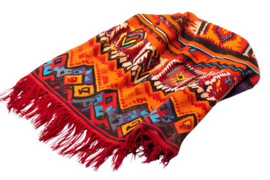  A vibrant red and orange poncho with intricate geometric patterns, set against an isolated white background - Powered by Adobe