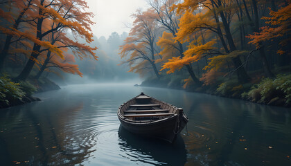 A lone wooden fishing boat rests calmly on the tranquil morning water, reflecting the autumn trees and sky