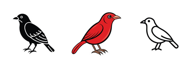 Fototapeta premium Three Bird Illustrations Black, Red, White Avian Designs