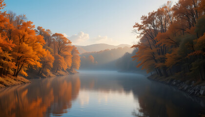 An autumn mountain landscape is beautifully reflected in the still lake, where the sunrise paints the sky with yellow and blue hues