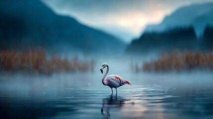 Flamingo wades through calm water at dawn surrounded by misty mountains and nature