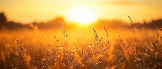 Naklejka premium Golden hour sunlight bathes a tranquil field of tall grass creating a warm and inviting scene of natural beauty at sunset