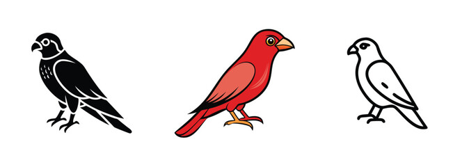 Three Bird Illustrations Black, Red, White Avian Designs