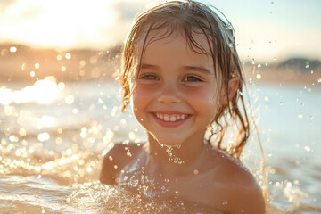 Fototapeta premium Little girl plays joyfully in the water, with a big smile on her face.