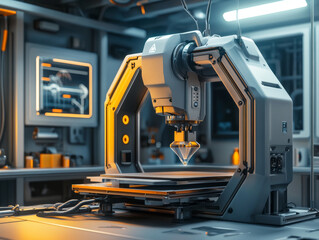 high tech 3D printer is showcased in modern workshop, featuring intricate machinery and sleek design. warm lighting enhances futuristic atmosphere, evoking sense of innovation and creativity