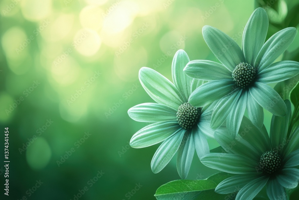 Poster serene floral artwork featuring three green daisy flowers with a soft bokeh background creating a pe