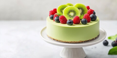 A beautifully decorated green cake topped with kiwi, raspberries, and blueberries, presented on a white cake stand.