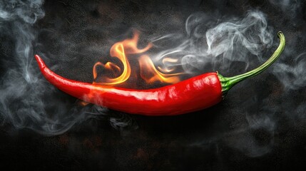 A spicy food challenge concept with a burning chili pepper and smoke swirling around it on a dark textured background