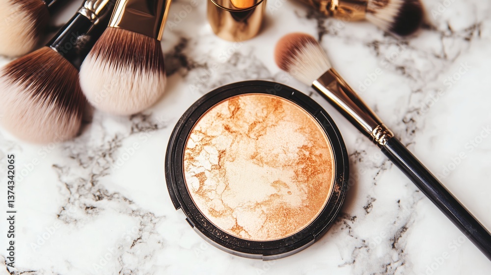 Poster makeup tools and highlighter arranged on a marble surface in a beauty setting while preparing for a 
