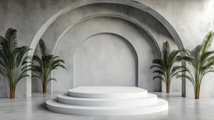 Fototapeta premium Minimalist interior with platform and palm trees is displayed