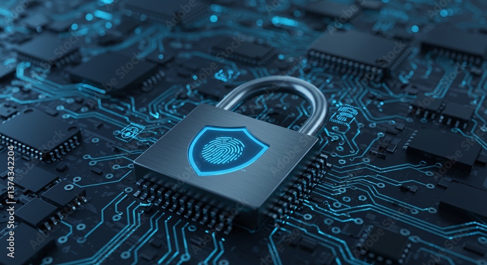 Poster cybersecurity fortress: a digital padlock with an illuminated shield emblem rests prominently on a c
