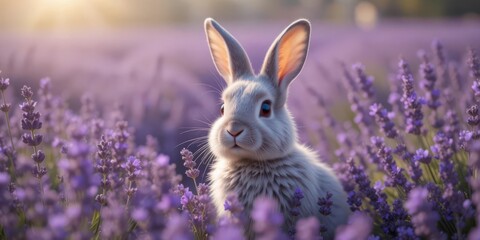  A gentle bunny with a white patched face gazing from a vibrant lavender field under a bright, sunlit sky
