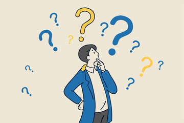 Ask questions, FAQ, problem or curiosity, doubt and confusion to be answer, challenge and uncertainty, unknown information or solution concept, contemplation businessman thinking with question marks.
