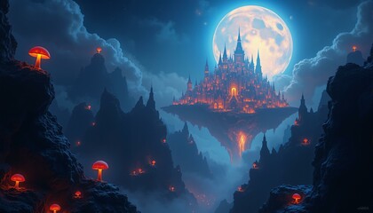 Fototapeta premium A futuristic cityscape within an asteroid, with glowing fungi and reflective architecture.