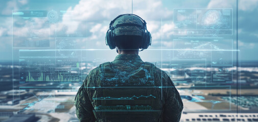 soldier in military uniform stands in high tech environment, wearing headphones and observing holographic data displays. scene conveys sense of advanced technology and strategic analysis