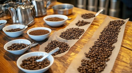 A tasting session setup with cupping bowls, light, medium, and dark roasted coffee samples, and a spoon ready for sampling