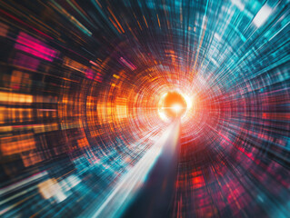 vibrant tunnel of light radiates energy, showcasing dynamic blend of colors and patterns that evoke sense of speed and movement. This abstract representation captures essence of futuristic journey