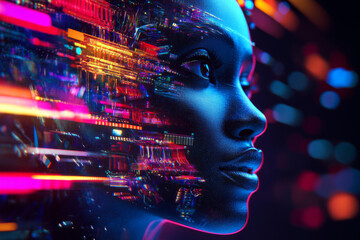 futuristic digital portrait showcasing woman face with vibrant neon colors and abstract patterns, symbolizing technology and innovation. image evokes sense of wonder and creativity