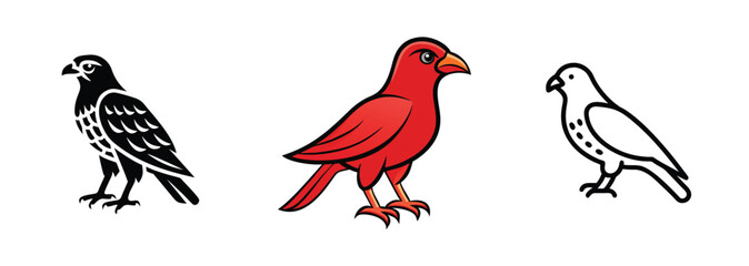 Bird Illustrations Black, Red, White Avian Designs, Falcon, Dove