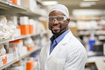 Fototapeta premium African American male scientist smiling confidently in white lab coat inside professional research facility captured in bright modern high quality environment