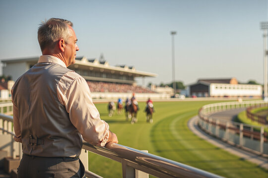 Older man enjoying a horse race at a racetrack  