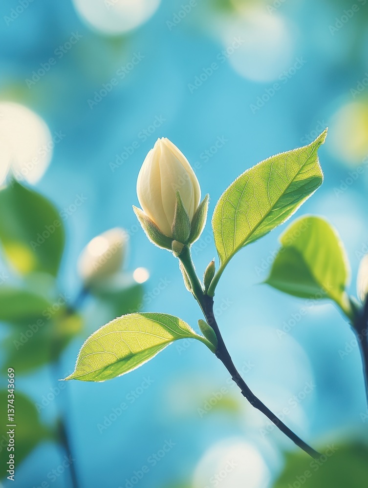 Poster serene magnolia bud unfurling against a soft blue sky capturing the essence of spring with delicate 