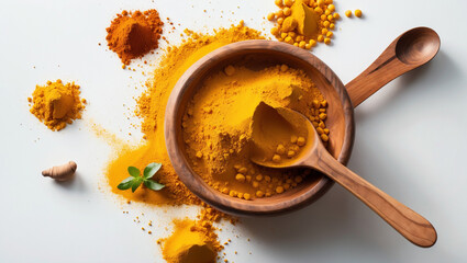 Wooden Bowl Filled with Vibrant Orange Spice Powder
