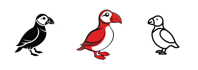 Obraz premium Puffin Bird Illustrations Black, Red, Outline Designs