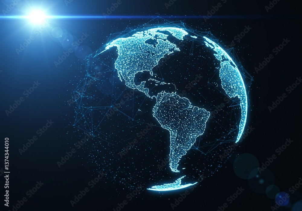 Poster digital earth: illuminated by a celestial spotlight, the digital representation of earth shimmers wi