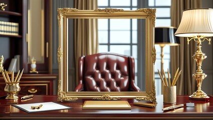 Luxury Office Interior with Golden Frame and Desk