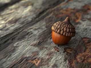 solitary acorn rests on textured wooden surface, showcasing its smooth, brown body and intricately detailed cap. This serene image captures beauty of nature simplicity