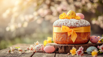 Colorful Easter cake surrounded by flowers and decorated eggs in a bright spring setting