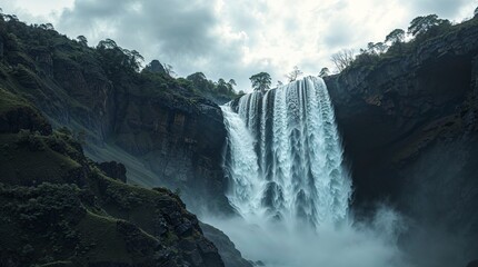 Obraz premium Big dramatic waterfcall located in Western ghats or Sahyadri in Maharashtra, created by AI.