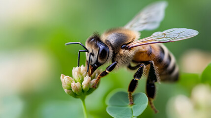 A bee buzzing around a patch of lavender flowers, its wings a blur as it gathers nectar from the tiny purple blossoms under a clear blue sky.