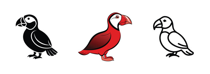 Puffin Bird Illustrations Black, Red, and Outline Designs