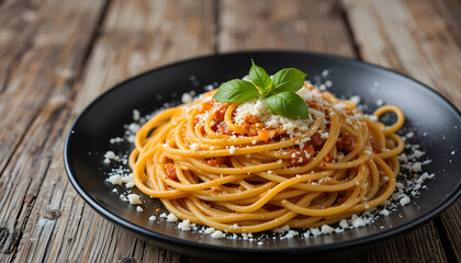 A tasty Italian pasta dish of spaghetti with pesto or tomato sauce, served on a white plate