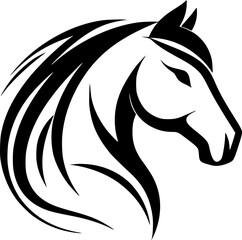 Horse silhouette with flowing mane in black and white style  