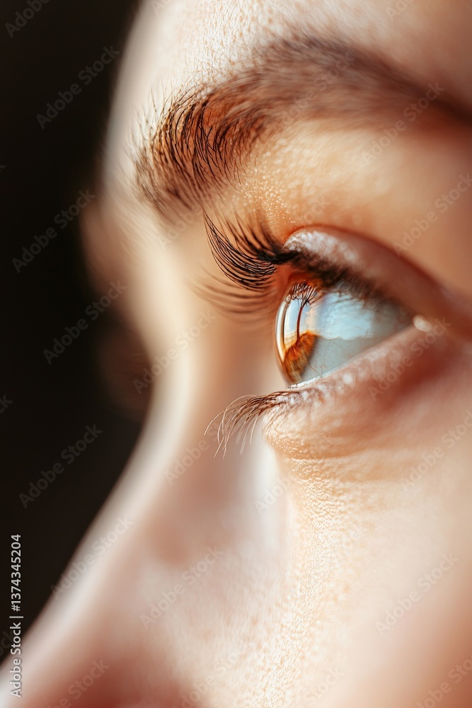 Poster macro shot of human eye with glowing reflection showing detailed eyelashes iris texture and visual c