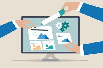 Build website with template customization, SEO optimization for search result, develop app or wireframe, customizable software development concept, hands help building website on computer screen.