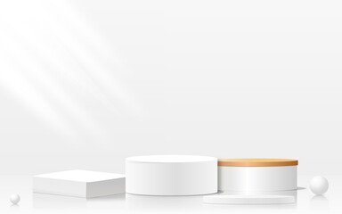 Abstract subtle background. Gray and white leaf platform gray background vector 3d render with podium stand to display cosmetic products 3d stage display white background display