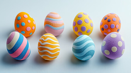 Obraz premium Colorful decorated eggs displayed on a textured surface with pastel candy during Easter celebration