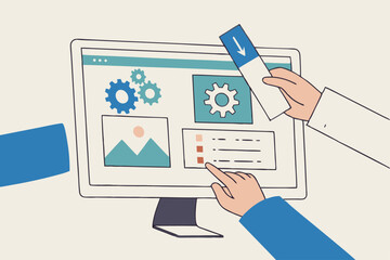 Build website with template customization, SEO optimization for search result, develop app or wireframe, customizable software development concept, hands help building website on computer screen.