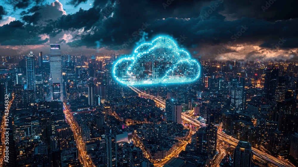 Poster futuristic cloud computing concept above cityscape with digital network and technology connection