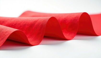 Red fabric flap, neatly folded, against stark white backdrop , design, red, object